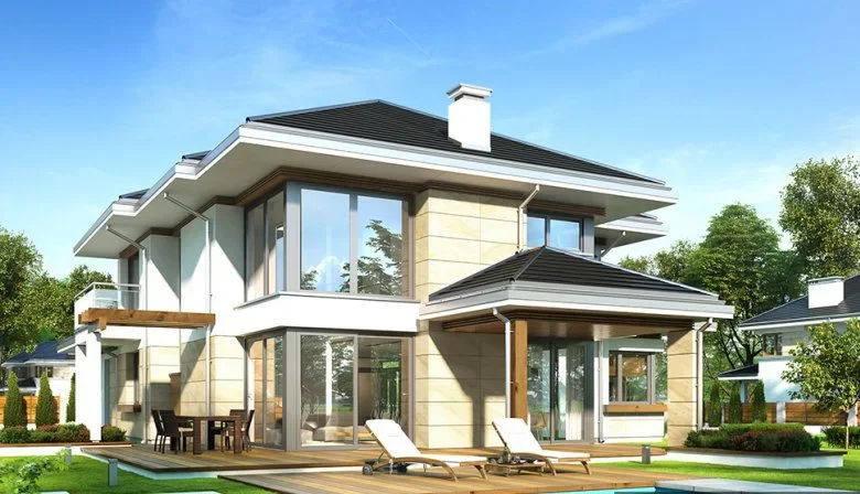 Mẫu 9 - Phối cảnh phía sau nhà 2 tầng hiện đại kiểu mái Nhật