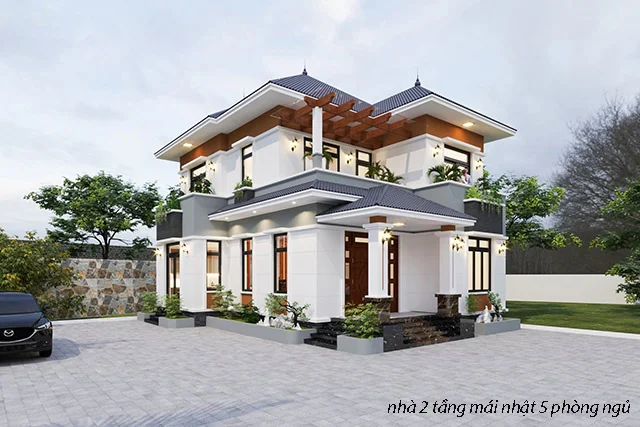 Thiết Kế Nhà 2 Tầng Mái Nhật 5 Phòng Ngủ Đẹp Tiện Nghi