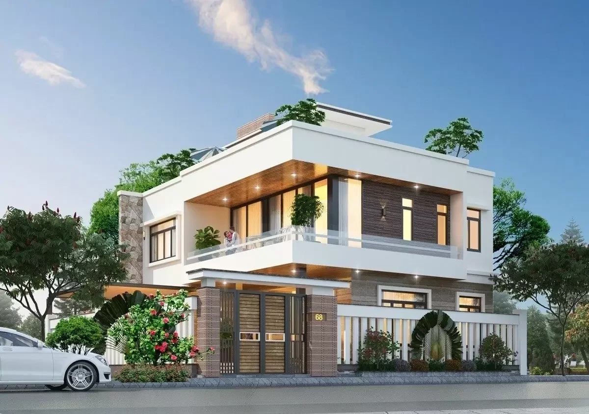 Thiết kế biệt thự 2 tầng hiện đại với sân thượng rộng rãi kết hợp nhiều cây xanh