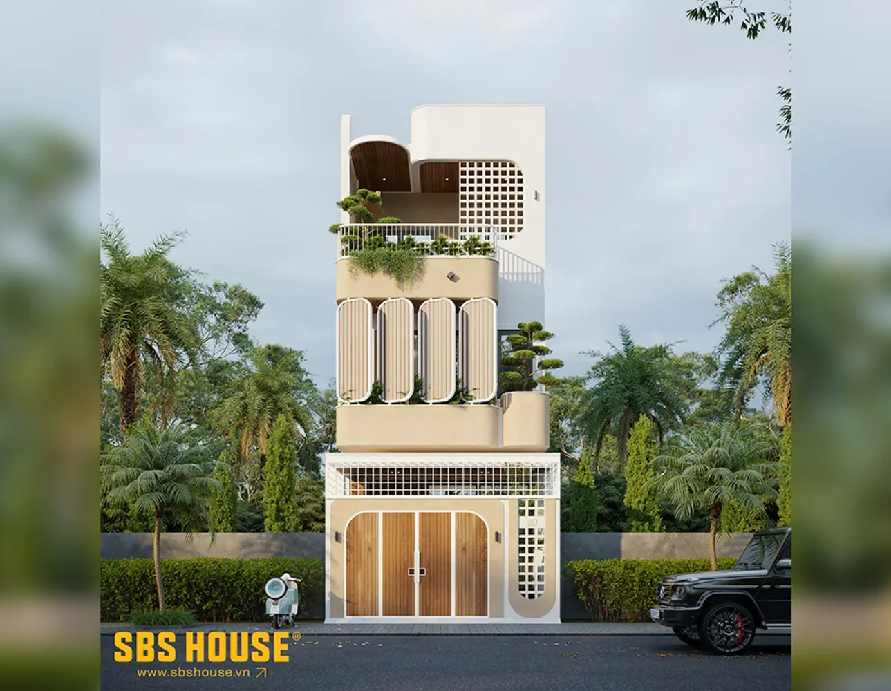 Mặt tiền T’s House được thiết kế như một lớp đệm khí hậu, giúp giảm tác động trực tiếp của nắng Tây Bắc, đồng thời giữ cho ngôi nhà luôn thông thoáng và đủ