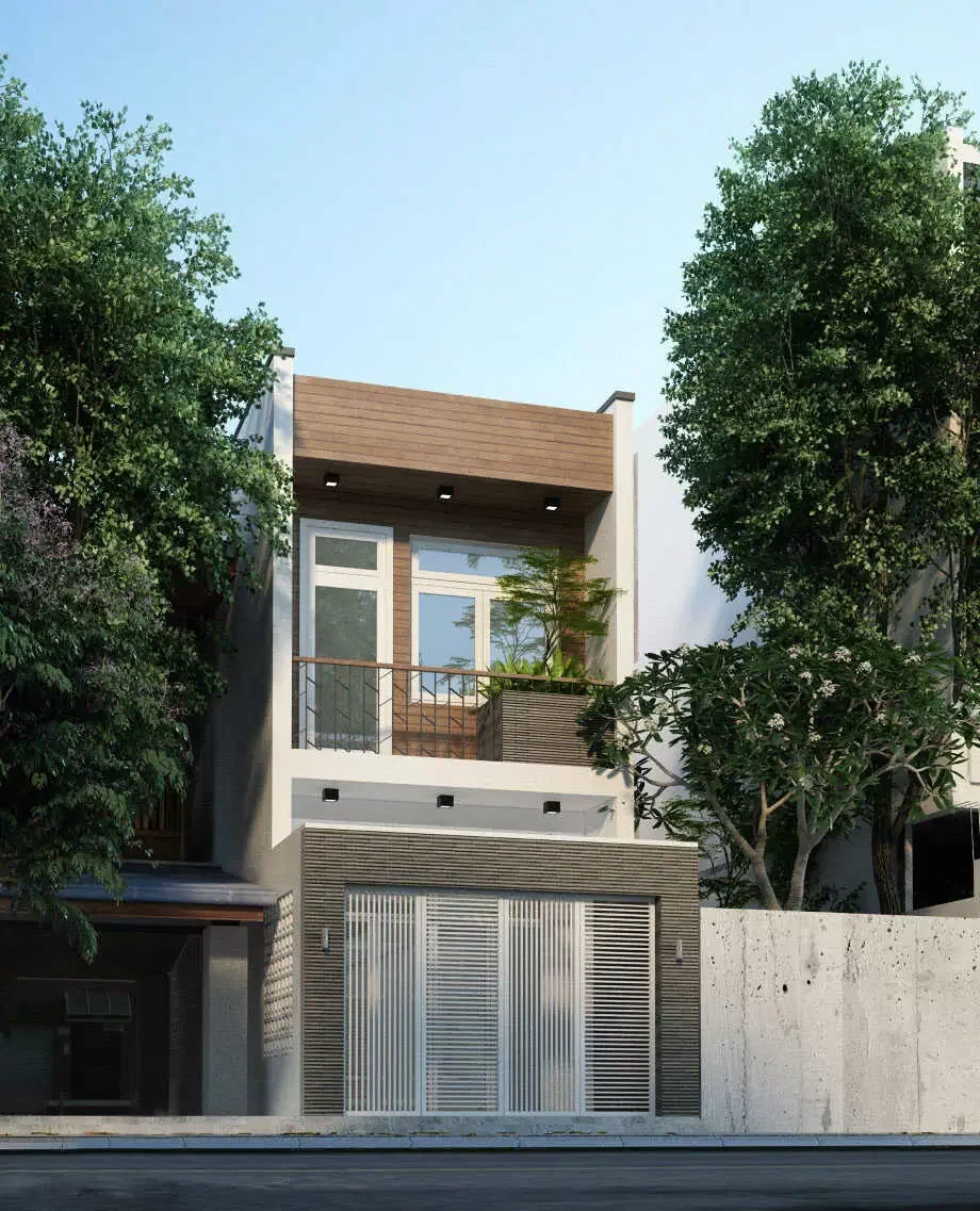 Nhà 2 tầng tân cổ điển kết hợp gỗ và trắng với cửa sổ lớn