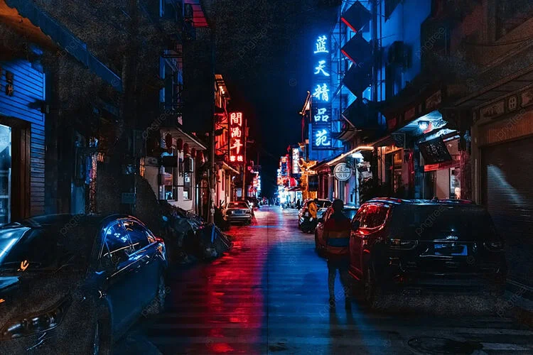 hình ảnh chill đường phố về đêm với ánh đèn neon huyền ảo