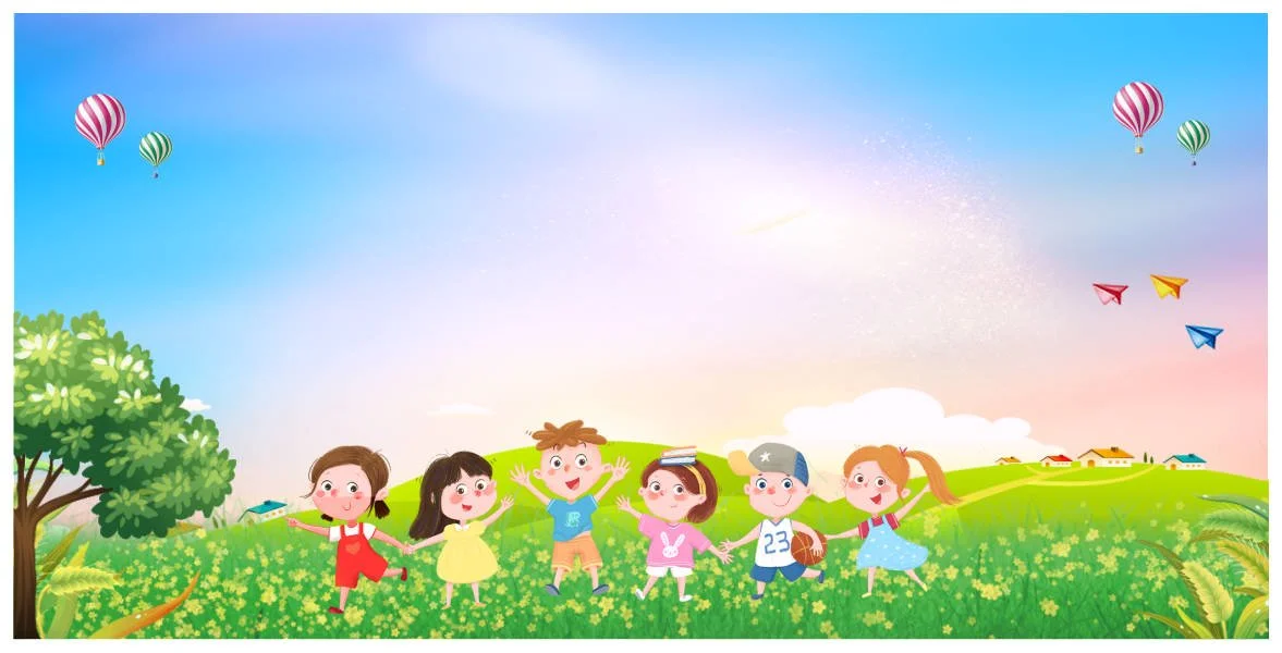 Hình nền mầm non với các bé hoạt hình vui đùa trên thảm cỏ xanh đầy màu sắc