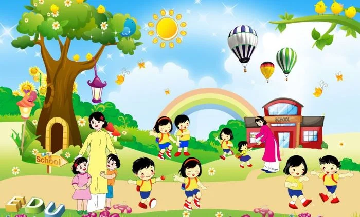 Tranh vẽ hoạt hình các bé đang vui chơi tại trường cho hình nền mầm non