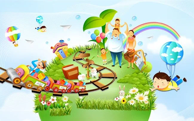 Hình nền mầm non màu sắc với tàu xe đồ chơi, trẻ em và gia đình dưới bầu trời có cầu vồng