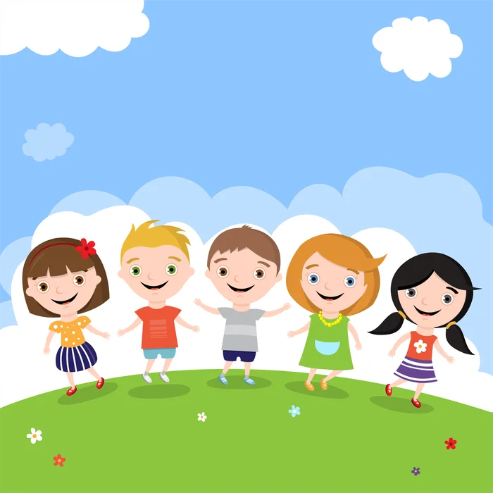Hình nền mầm non với các bé hoạt hình vui nhộn trên đồng cỏ