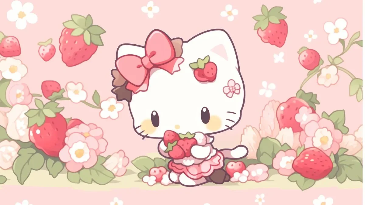 Hình nền Hello Kitty trong vườn dâu tây