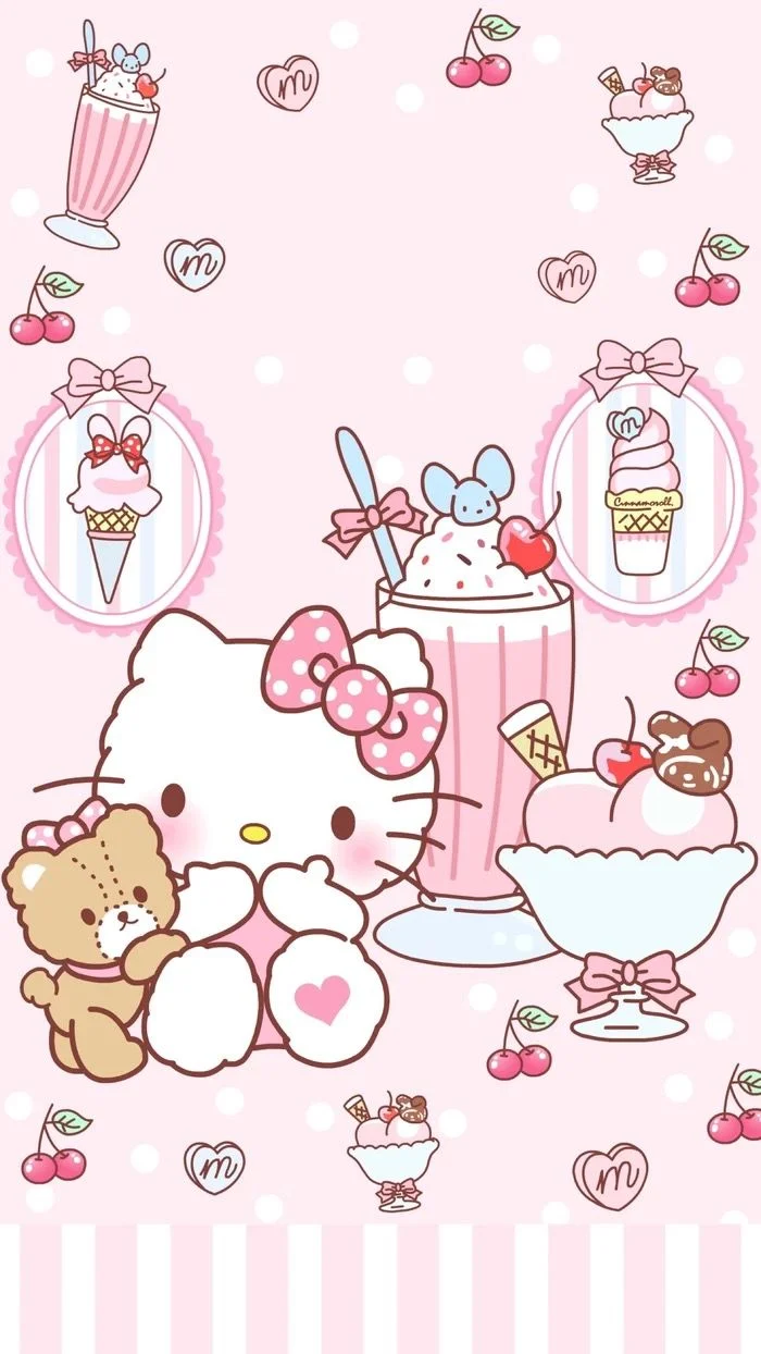 Hình nền Hello Kitty cùng đồ ngọt và kem