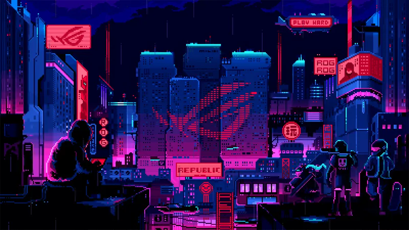 Hình nền laptop thành phố cyberpunk pixel art với ánh đèn neon xanh tím và biển hiệu gaming