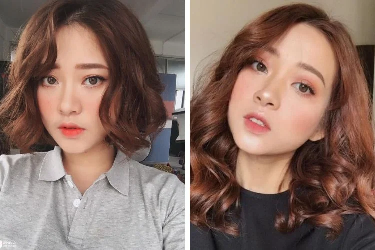 Tóc ngang vai mái xéo xoăn nhẹ