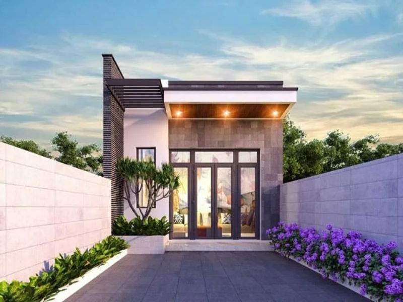 Cổng vào nhà vườn cấp 4 nông thôn hiện đại với tường và cây cảnh