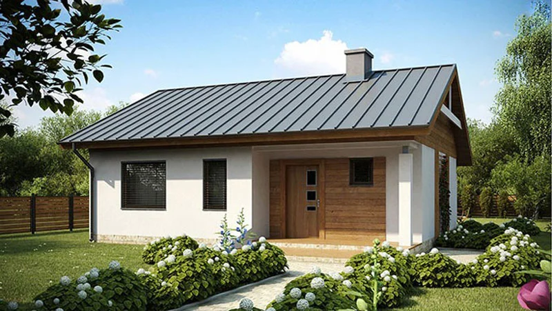 Nhà vườn cấp 4 nông thôn nhỏ gọn với mái kim loại và cửa gỗ
