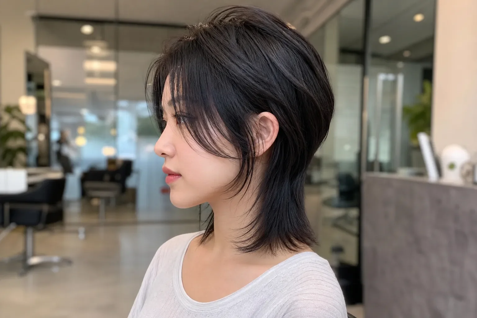 Kiểu tóc Bottleneck Mullet với phần giữa khoảng tai thu hẹp tạo hiệu ứng thắt eo cổ chai