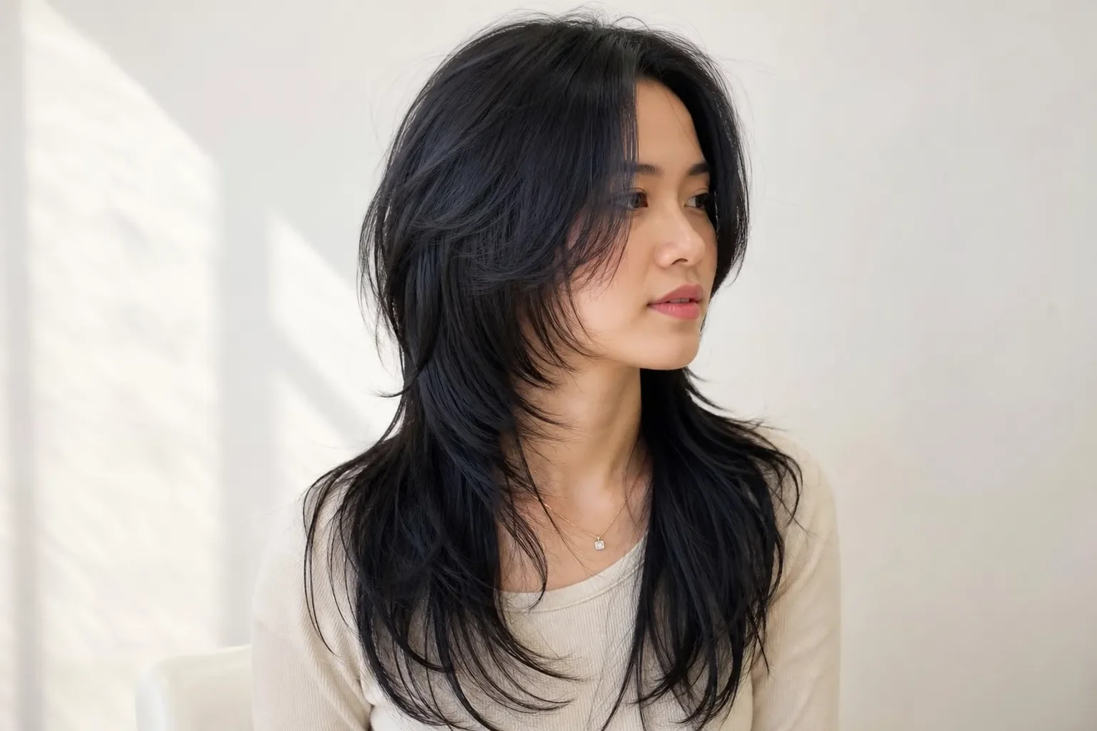 Kiểu tóc mullet dài (Long Mullet) với phần trước dài qua vai, gáy dài hơn theo phong cách long shag