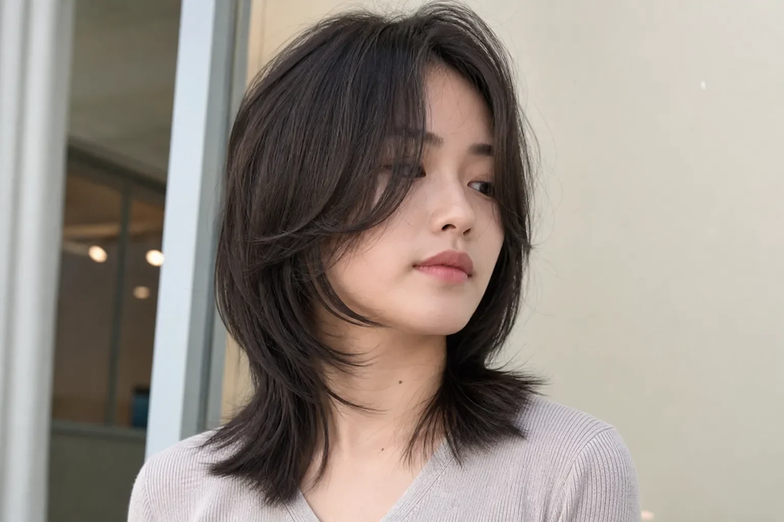 Kiểu tóc mullet dành cho mặt vuông, layer mềm ôm hai bên và mái bay giúp làm mềm góc hàm