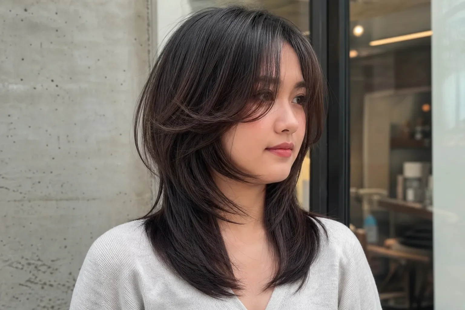 Kiểu tóc mullet dài dành cho mặt tròn, layer trước rơi dưới quai hàm và mái bay rộng giúp khuôn mặt thon gọn