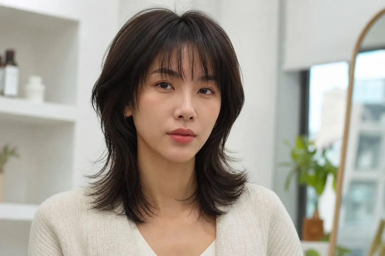 Kiểu tóc mullet ngang vai dành cho mặt dài, tạo phồng nhẹ ở thái dương và mái bằng mềm giúp cân đối khuôn mặt