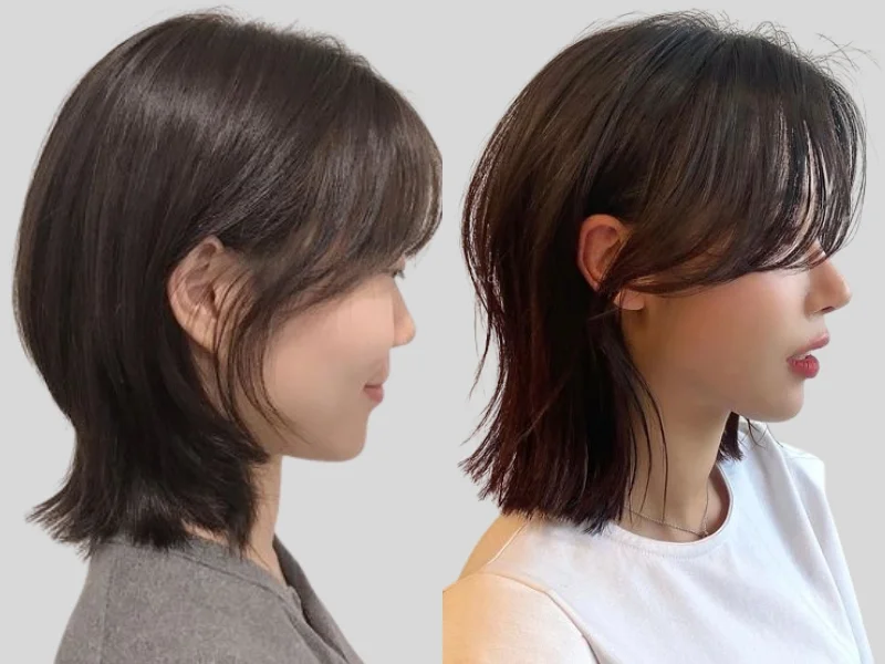 tóc mullet layer nữ mặt tròn ngắn hai mái