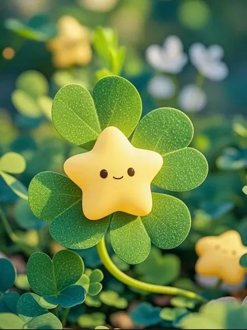 Avatar cỏ 4 lá cute với nhân vật ngôi sao vàng đáng yêu trên nền cỏ xanh mềm mại
