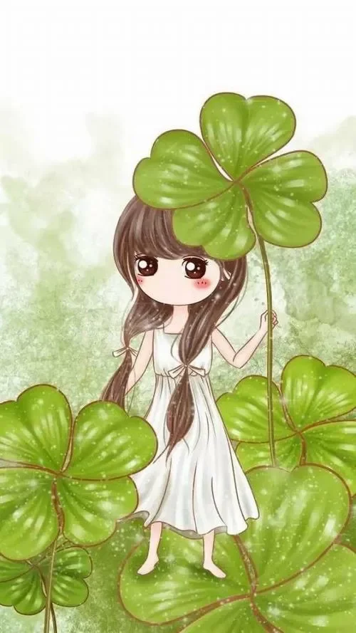 cô gái anime cầm cỏ 4 lá xanh