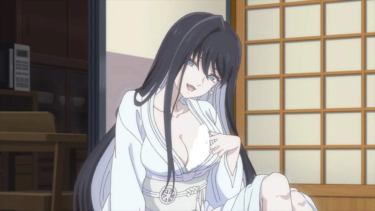 Ảnh anime nữ sex tóc đen áo trắng ngồi trước màn trần gỗ Nhật Bản
