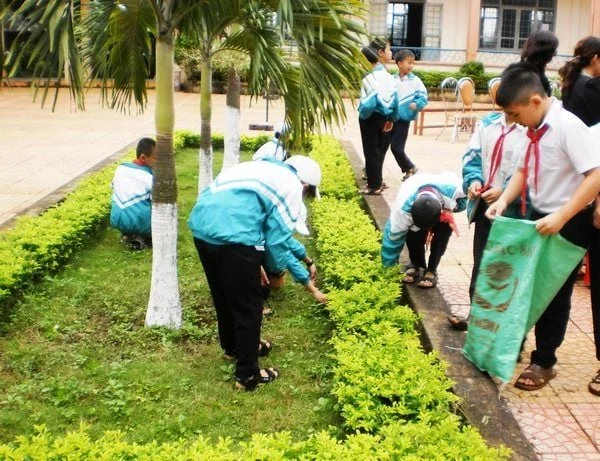 Học sinh hăng hái tham gia trồng và chăm sóc cây xanh trong trường.