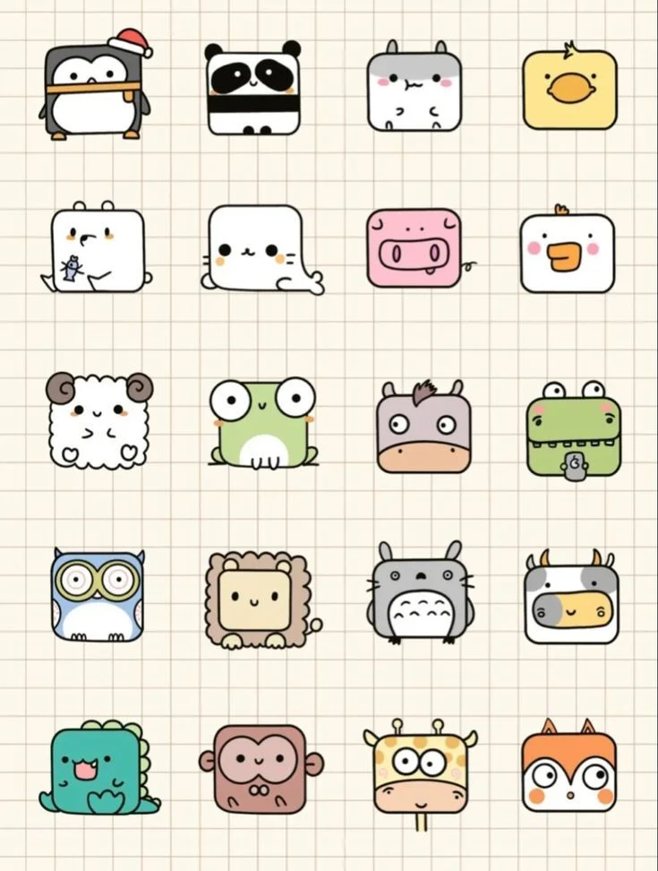 Các hình vẽ mini cute hình vuông với nhiều loài động vật khác nhau