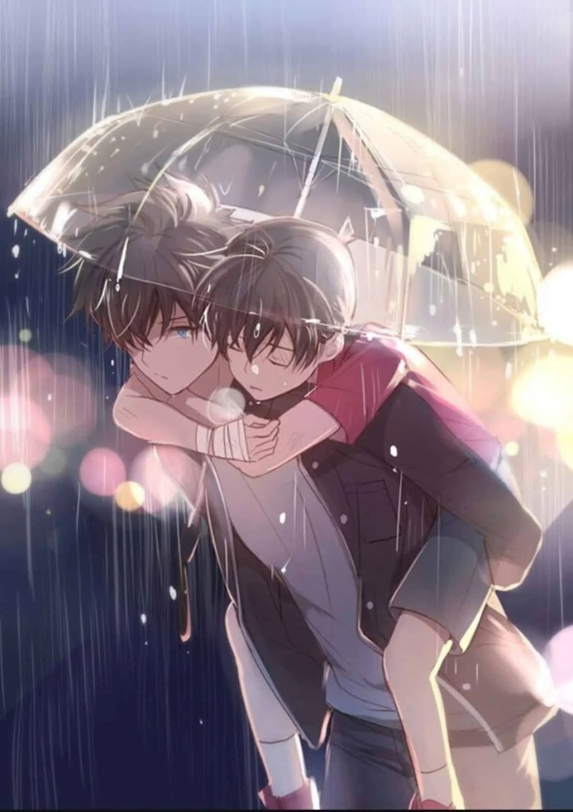 Hai chàng trai ôm nhau dưới ô trong mưa, phong cách anime đam mỹ