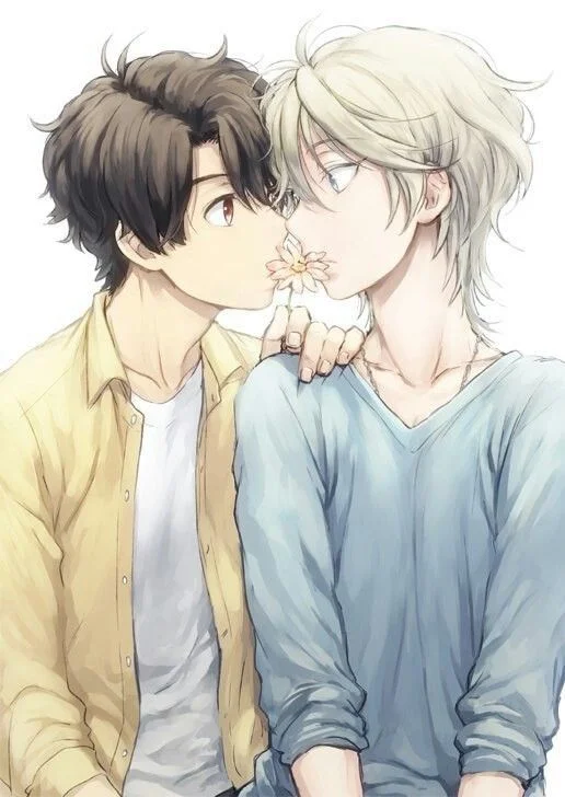 Hai nhân vật anime đam mỹ chia sẻ hoa, phong cách nhẹ nhàng