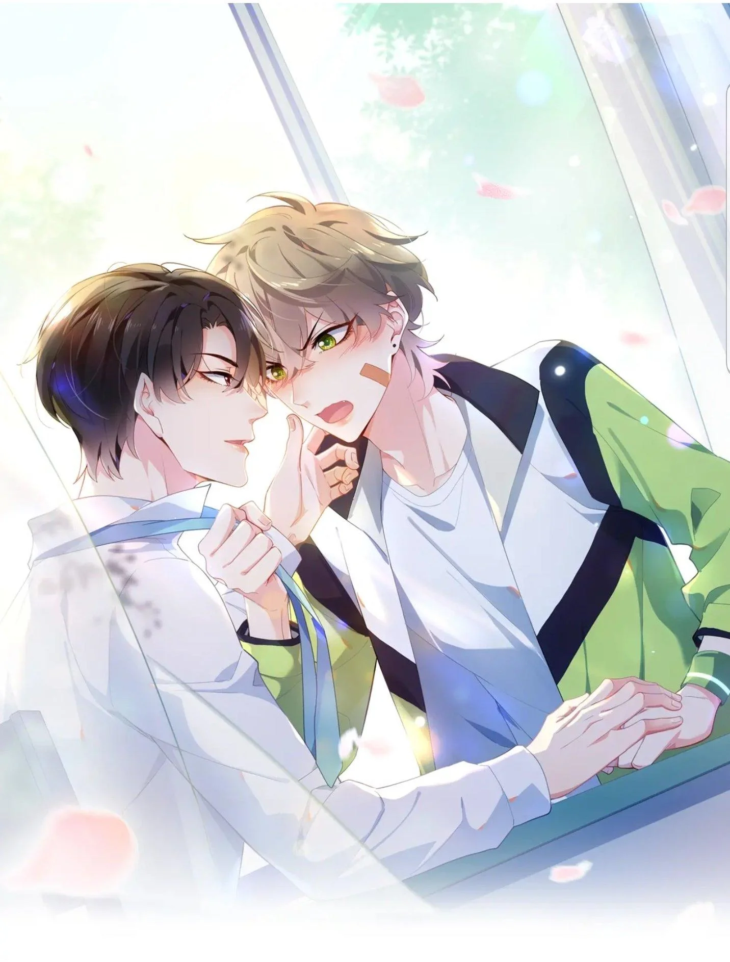 Hình ảnh anime đam mỹ lãng mạn với hai chàng trai đang tương tác thân mật trong lớp học.