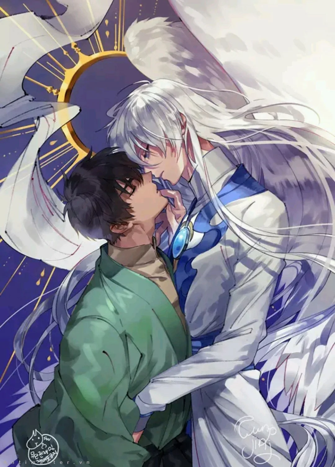 Hình ảnh anime đam mỹ lãng mạn giữa một thiên thần tóc trắng và chàng trai tóc đen