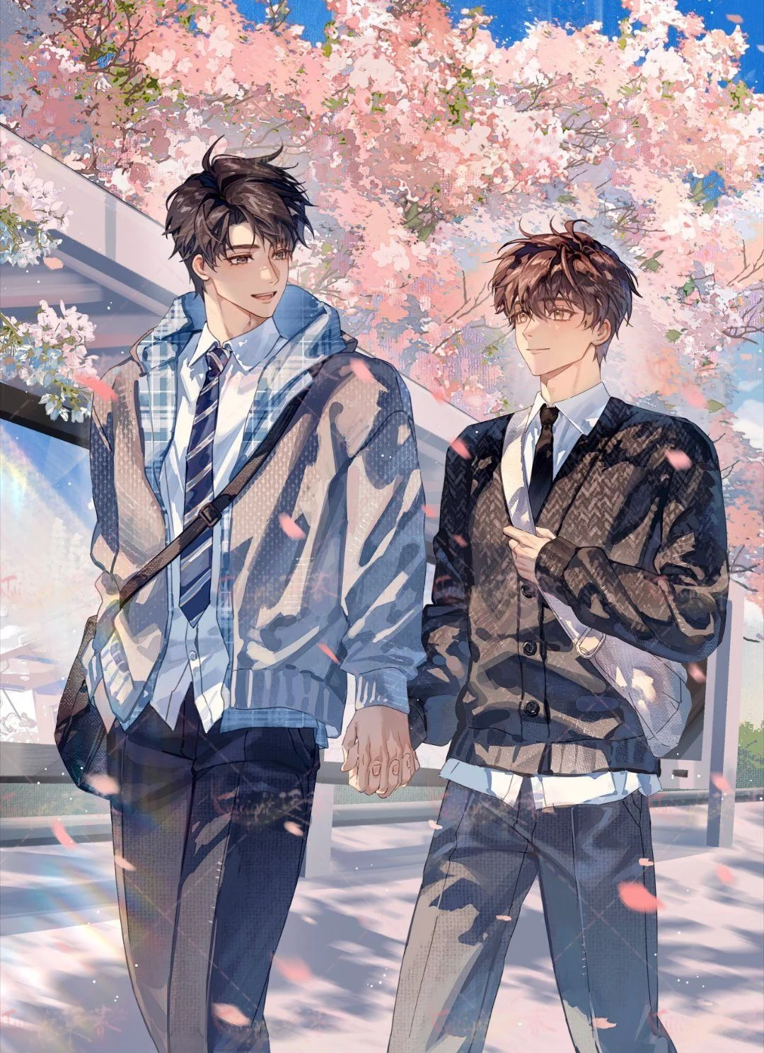 Hai chàng trai anime đam mỹ đi dạo dưới hoa anh đào