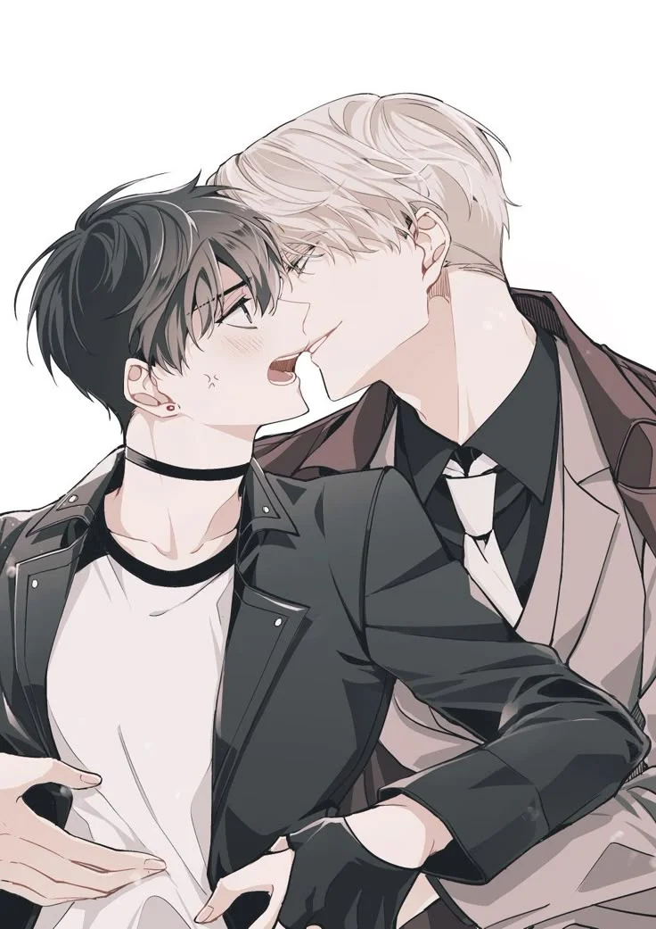 Hai chàng trai anime đam mỹ trong trang phục hiện đại, gần gũi