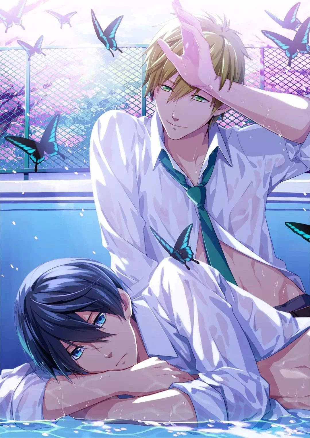 Hai chàng trai anime đam mỹ bên hồ bơi, phong cách tươi sáng