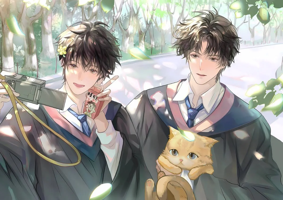 Hai chàng trai anime đam mỹ chụp ảnh cùng mèo