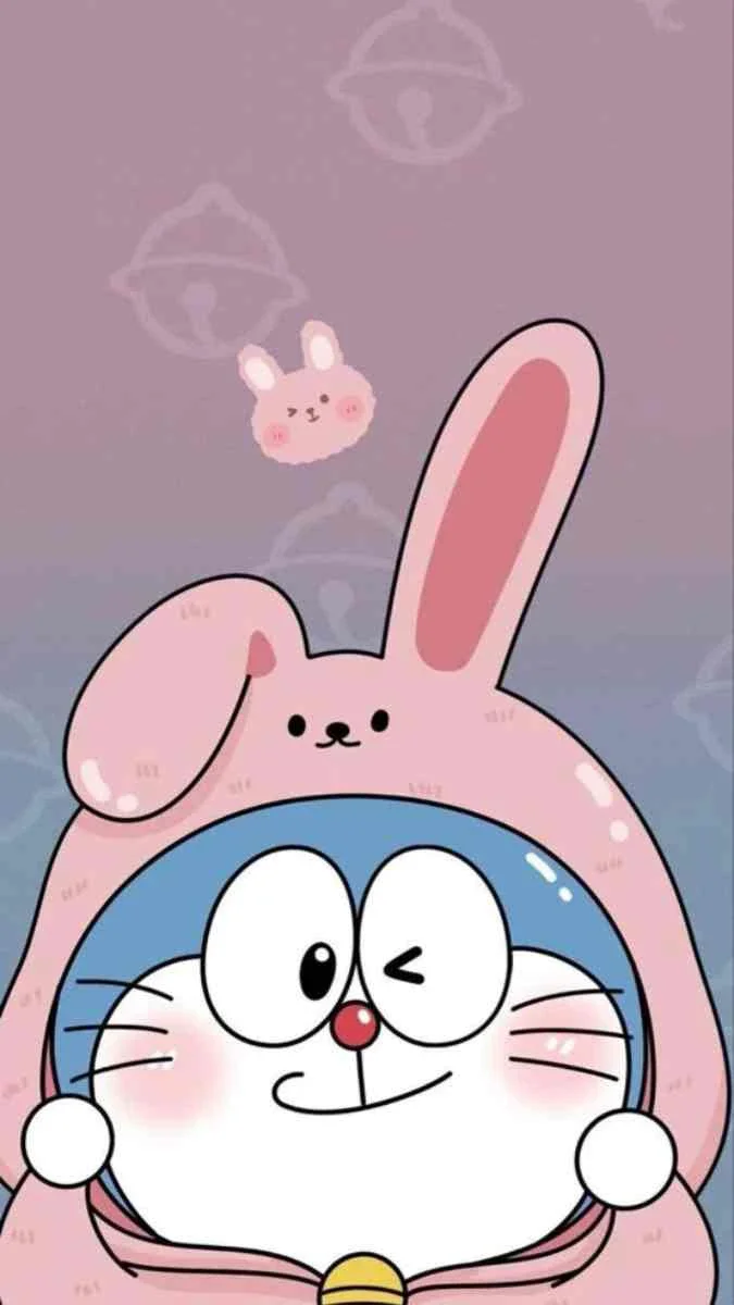 Hình nền điện thoại cute Doremon mặc đồ thỏ hồng