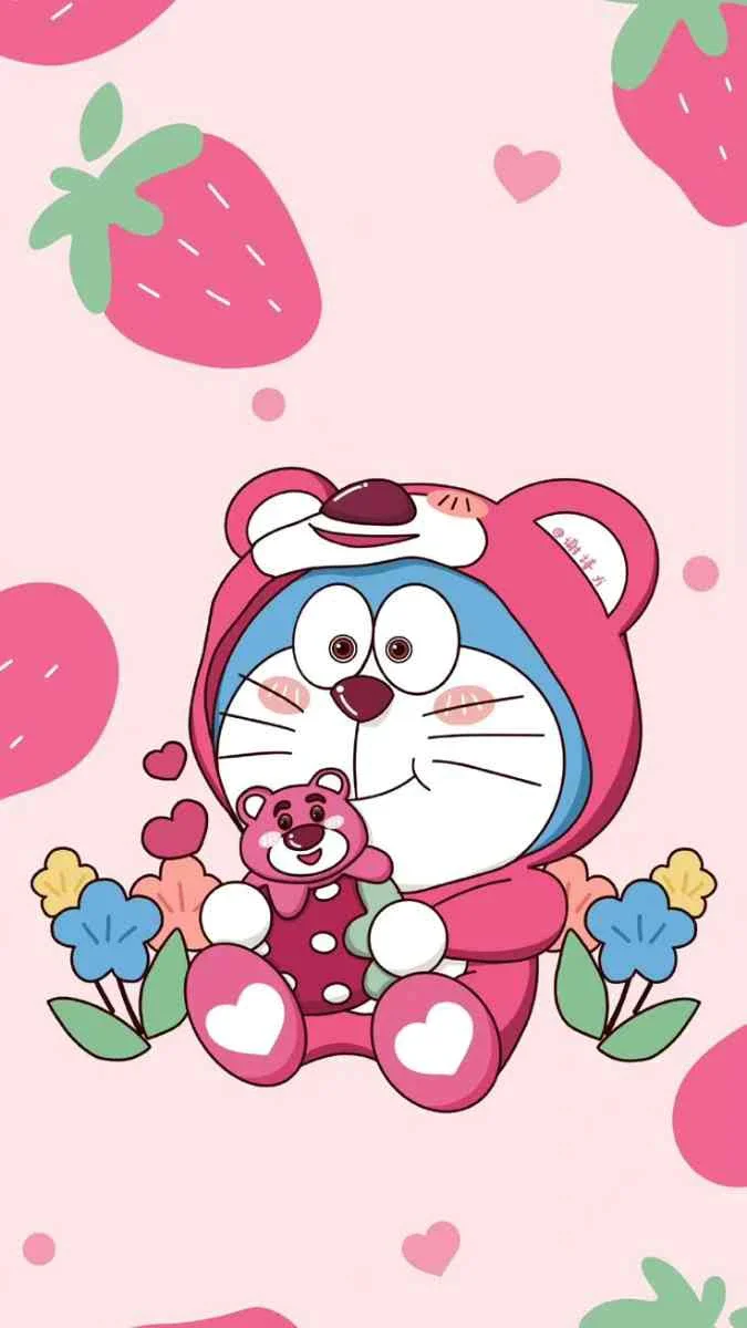 hình nền điện thoại cute với Doraemon hóa trang thành gấu dâu