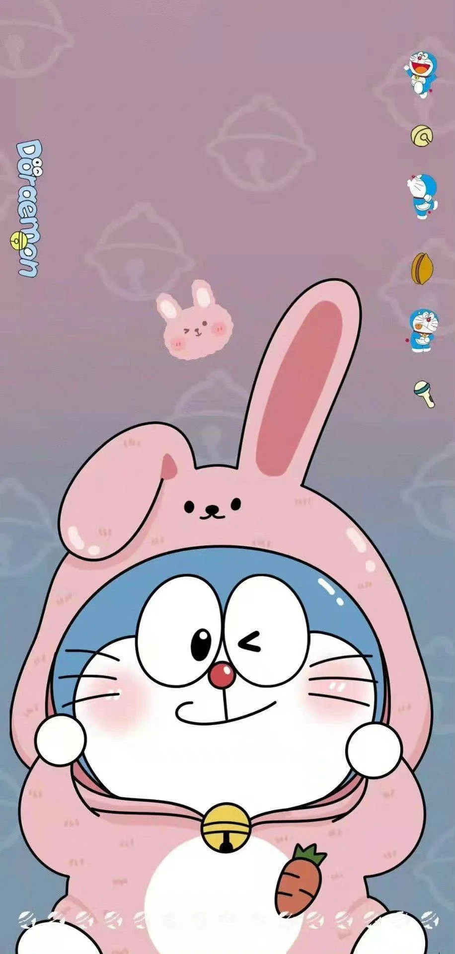 Hình nền điện thoại cute Doremon thỏ hồng với icon ứng dụng