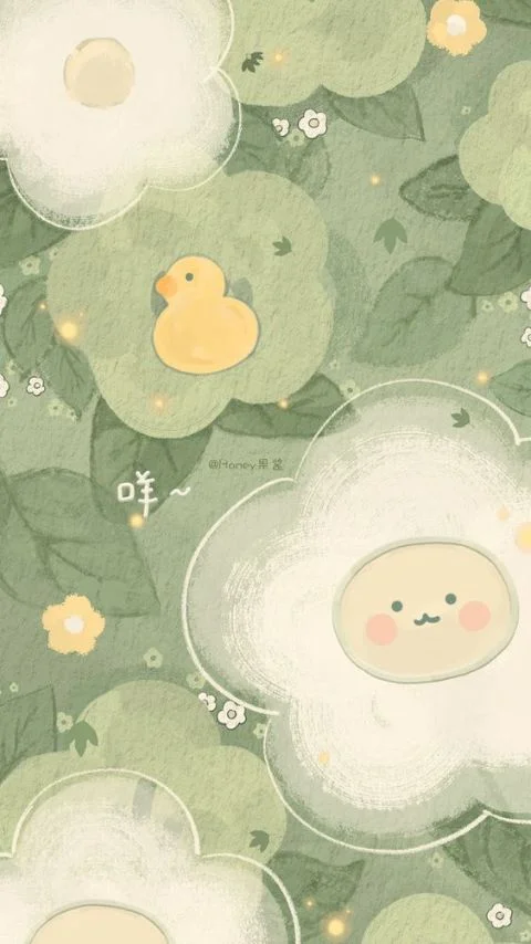 hình nền điện thoại cute với chú vịt vàng và hoa lá phong cách hoạt hình