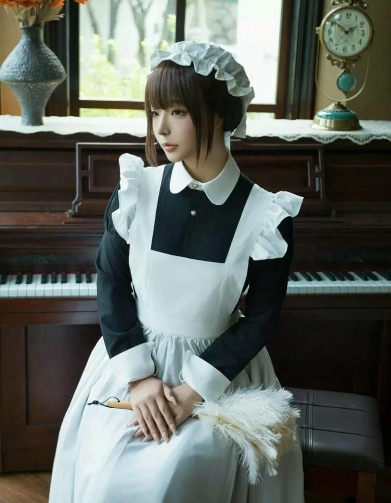 Cosplay hầu gái cổ điển bên đàn piano