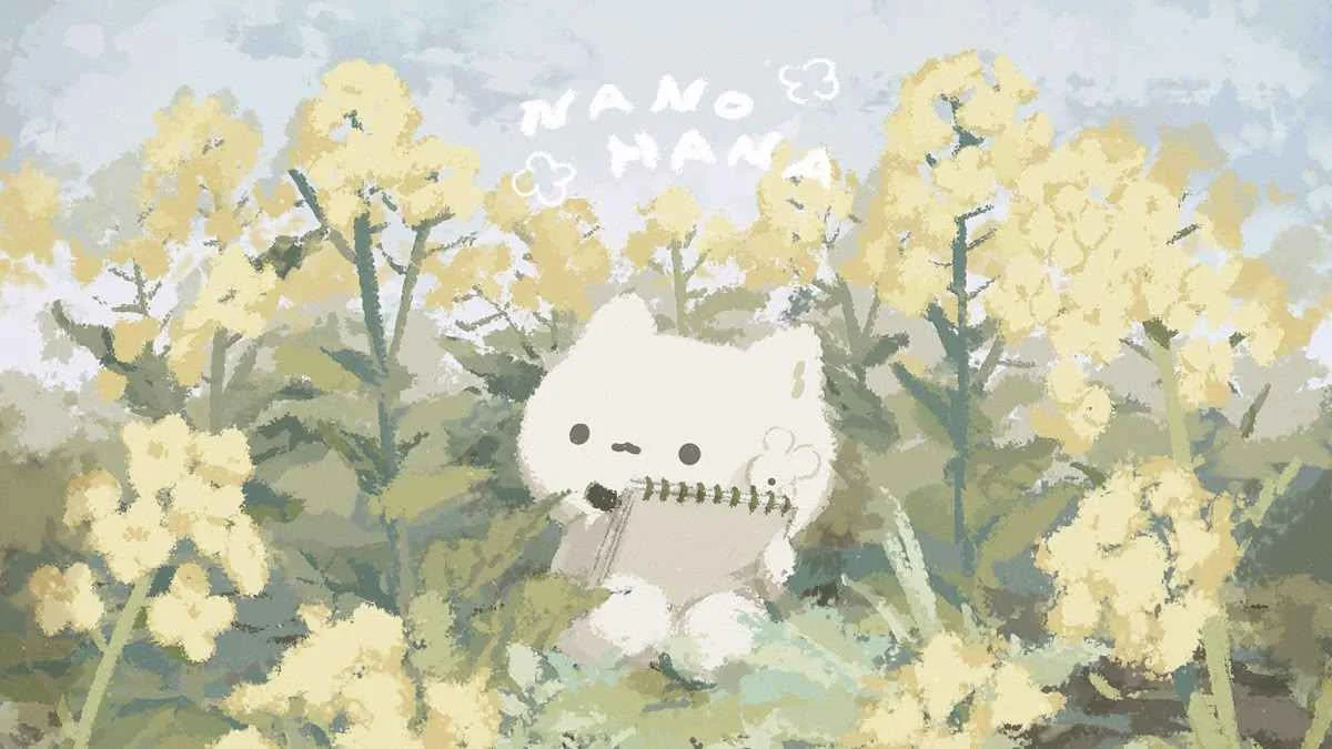 hình mèo cute đang cầm sổ tay giữa cánh đồng hoa vàng thơ mộng