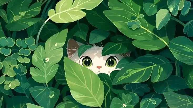 hình mèo cute đang nhìn ra từ bụi cây xanh với đôi mắt to tròn