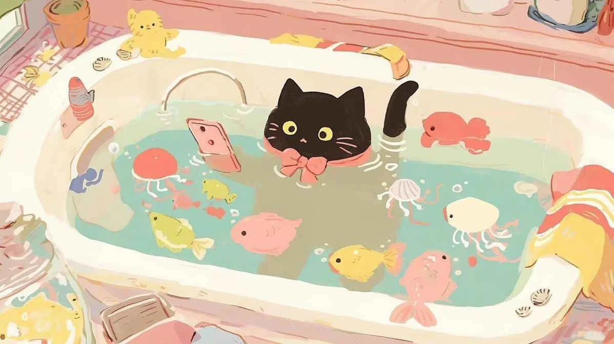 hình mèo cute đang tắm trong bồn với nhiều món đồ chơi dễ thương